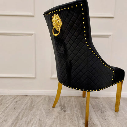 Black velvet x4 dining chairs with gold legs & lion knocker