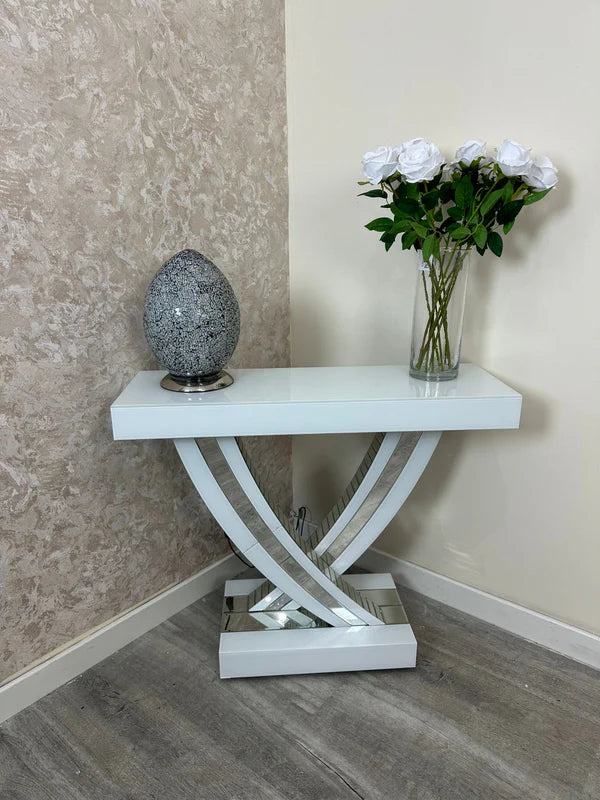 White Glass Swift Console Table With Silver Mirror Trim