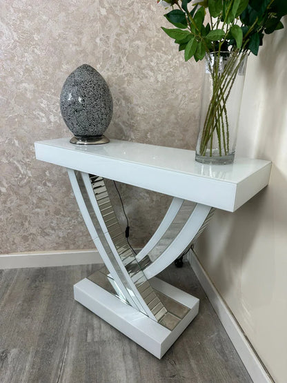 White Glass Swift Console Table With Silver Mirror Trim