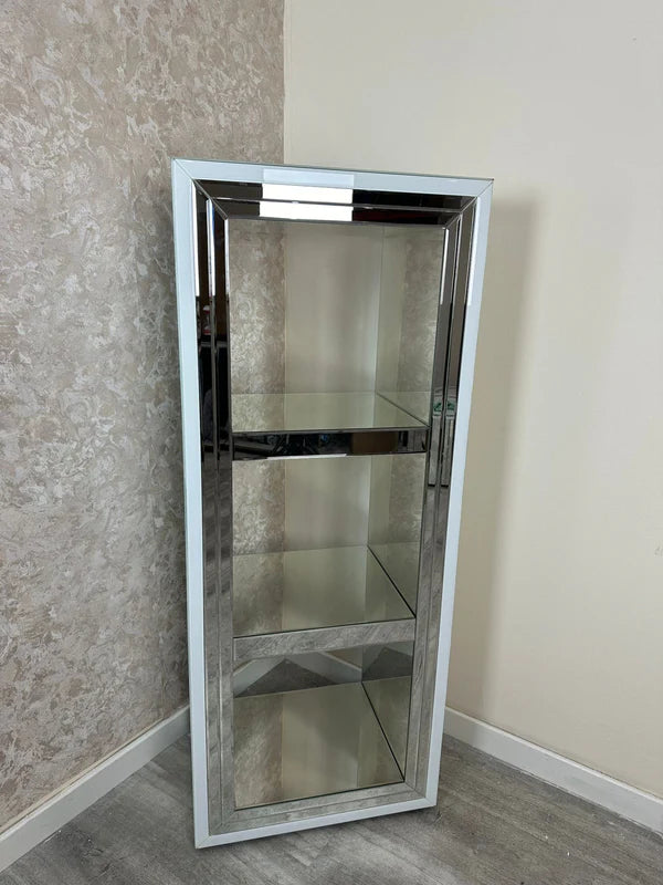 White Glass Tall Bookcase with silver mirror trim, Display Unit