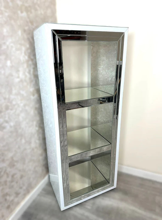 White Glass Tall Bookcase with silver mirror trim, Display Unit