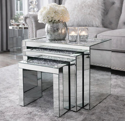 CRUSHED DIAMOND MIRRORED NEST OF 3 TABLES