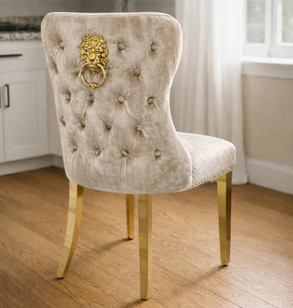 2 Mink Velvet Dining Chairs with Gold Leg & Lion Knocker