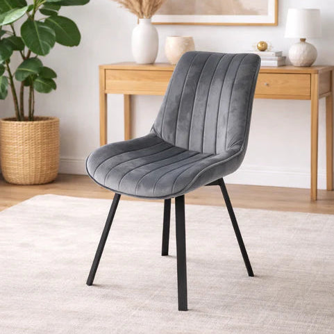 Roco Grey Velvet 360 degree swivel Dining chair with black metal leg