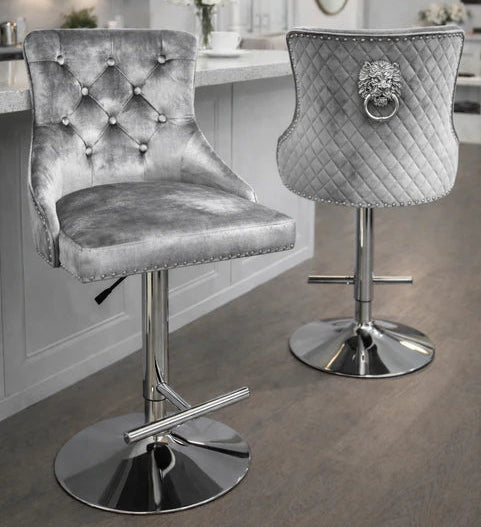 Silver Grey velvet swivel bar stool with chrome lion knocker