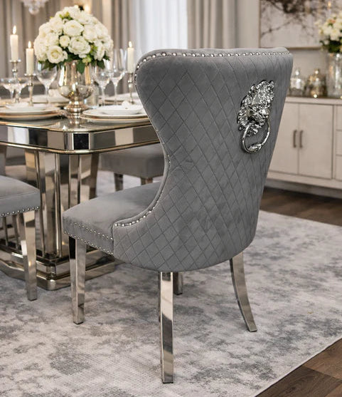 2 x Luxury Grey Velvet Dining Chairs with Chrome Lion Head Door Knocker and Legs