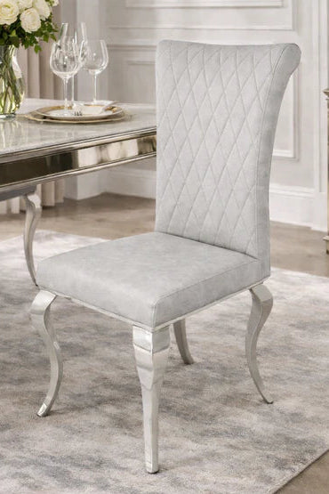 x2 Light grey Louis dining chair with chrome curved leg & cross stitch