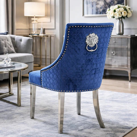 Blue velvet x2 dining chairs with chrome legs & lion knocker