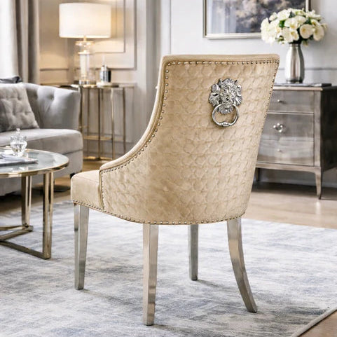 2 Shiny Mink velvet dining chairs with chrome legs & lion knocker