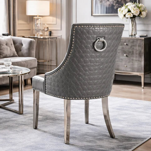 Dark Grey x2 faux leather dining chairs with chrome legs & door knocker