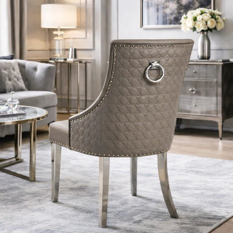 Light grey x2 faux leather dining chairs with chrome legs & door knocker