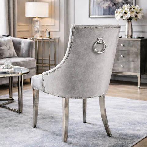 2 x Silver / grey velvet dining chair with chrome leg and knocker detail