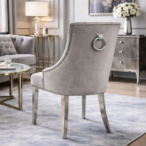 Grey Velvet Dining Chair with Chrome Ring Door Knocker