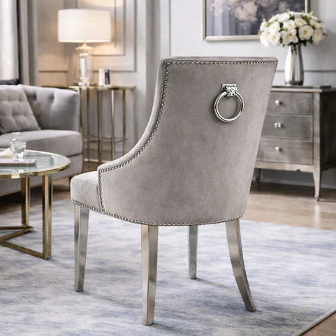 2x grey velvet dining chairs with pull handle Door knocker and chrome leg