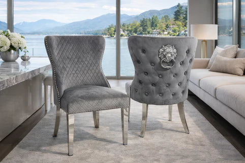 2x Grey Velvet Dining Chairs with Lion Head Door Knocker