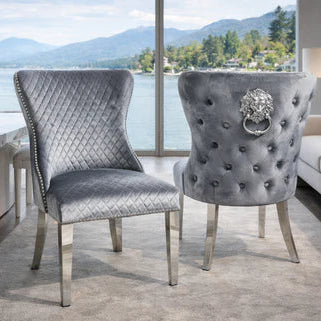 2x Silver Grey Velvet luxury dining chair with stud button back and lion knocker