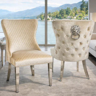 2x Shiny mink velvet luxury dining chair with stud button back with lion knocker