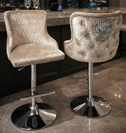 Shiny Mink Velvet Swivel Bar Stool With Chrome Lion Knocker And Cross Stitch