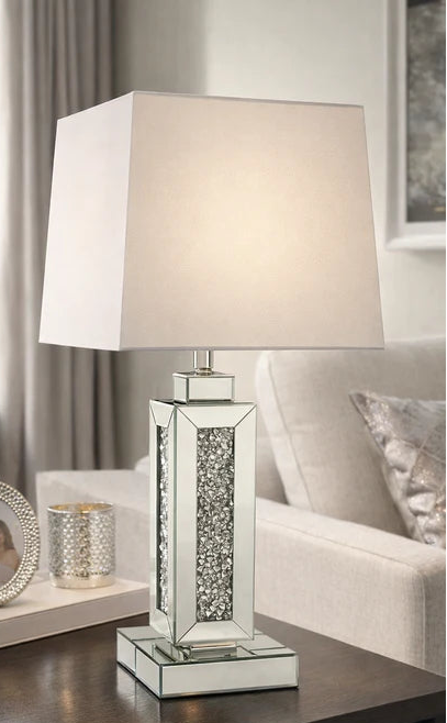 Mirrored and crushed diamond table lamp with shade option, glitz table lamp