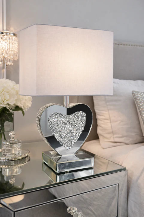 Heart shaped mirrored crushed diamond sparkle table lamp, glitz table lamp