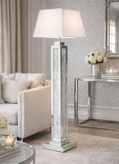 Mirrored crushed crystal floor lamp with shade option, glitz floor lamp