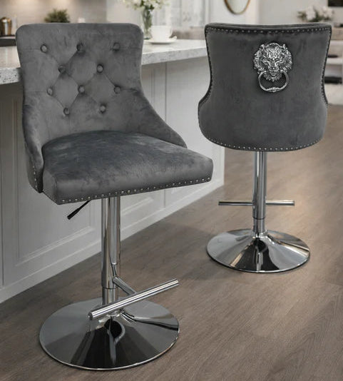 Grey velvet swivel bar stool with Lion knocker