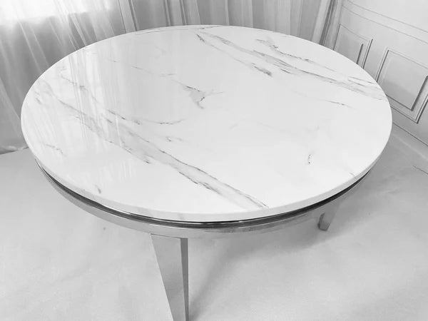 White Marble Sorrento dining table with chrome leg