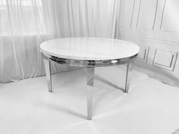 White Marble Sorrento dining table with chrome leg