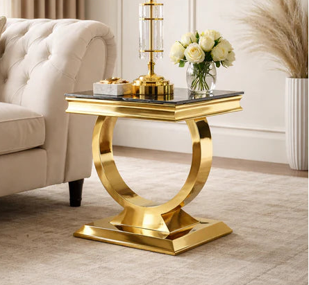White Ceramic Arianna side table with gold vein, Gold metal frame & legs