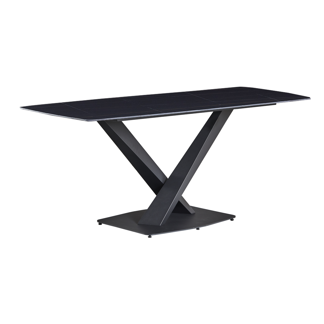 Sintered stone dining table with a cross leg coated iron base