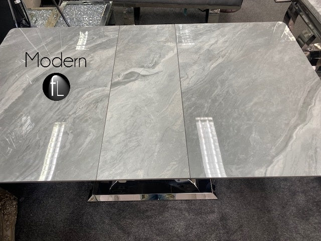 Grey Ceramic Extending Dining Table 1.6m to 2.0m Chrome base Marble Pattern