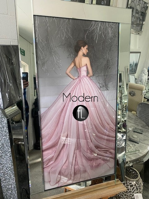 Lady in Pink Dress Picture on Mirror Frame with Glitter Detail