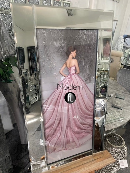 Lady in Pink Dress Small Picture on Mirror Frame with Glitter Detail