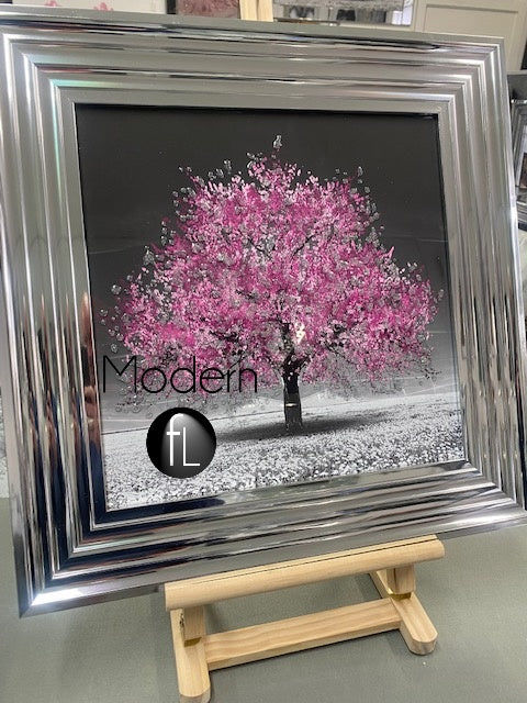 Small pink blossom tree picture in chrome wood frame, pink glitter art picture