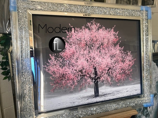 Baby Pink blossom tree 3D glitter art picture in crushed crystal frame