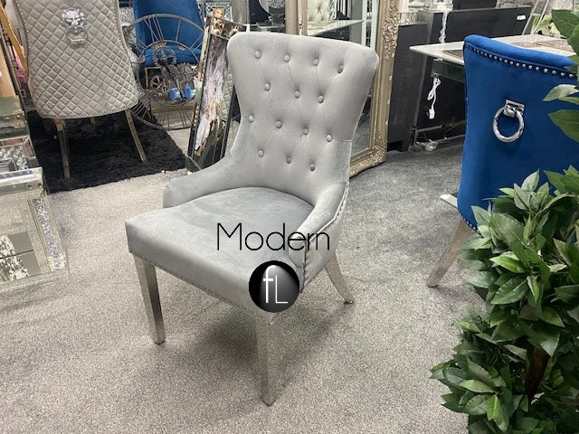 Grey Velvet Dining Chair with Chrome Ring Door Knocker