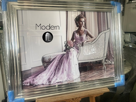 Wedding day figurative lady in pink, glitter picture in chrome wood frame