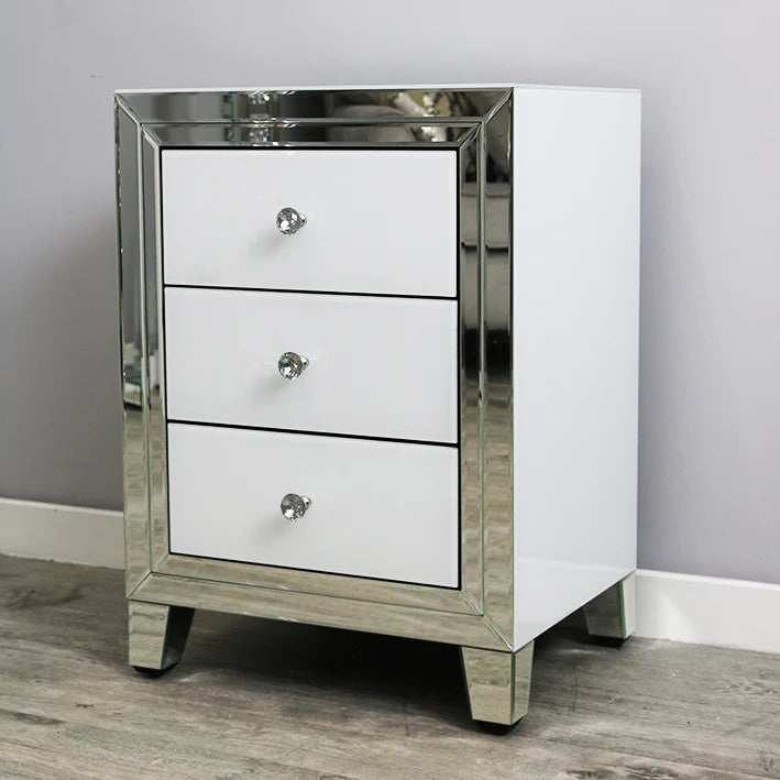 White Mirror Glass Three Drawer Bedside Unit