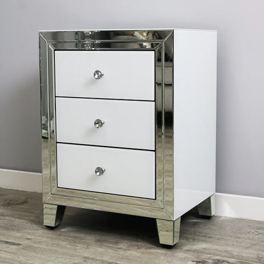 White Mirror Glass Three Drawer Bedside Unit