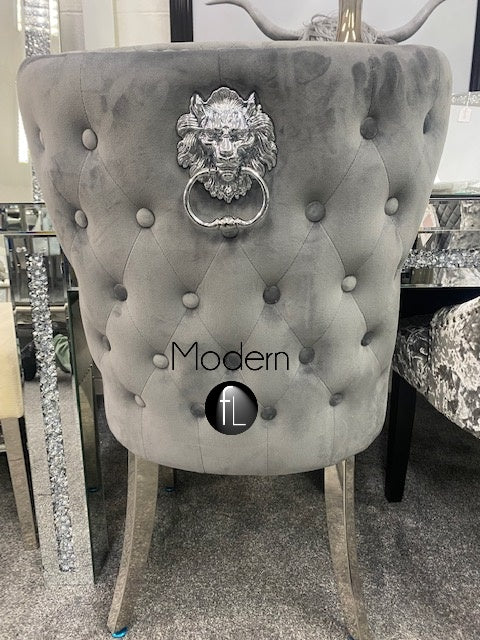 2x Grey Velvet Dining Chairs with Lion Head Door Knocker