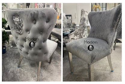 2x Grey Velvet Dining Chairs with Lion Head Door Knocker