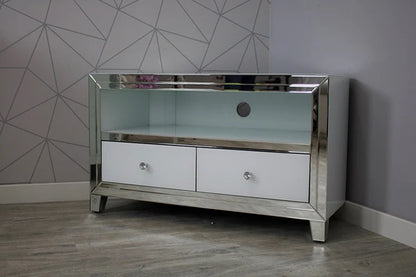 TV Stand White Glass TV Unit With Silver Mirror Trim 102 cm wide