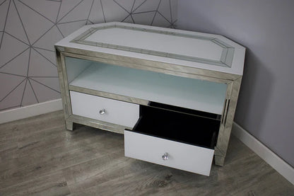 TV Stand White Glass TV Unit With Silver Mirror Trim 102 cm wide