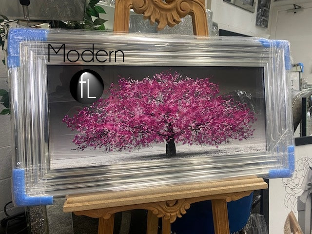 Pink blossom tree picture in Silver wood frame, 3D glitter detail