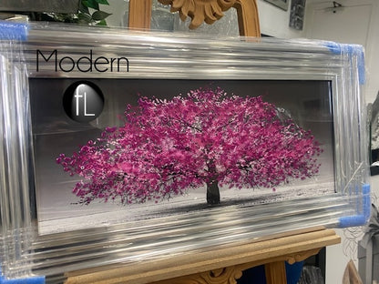 Pink blossom tree picture in Silver wood frame, 3D glitter detail