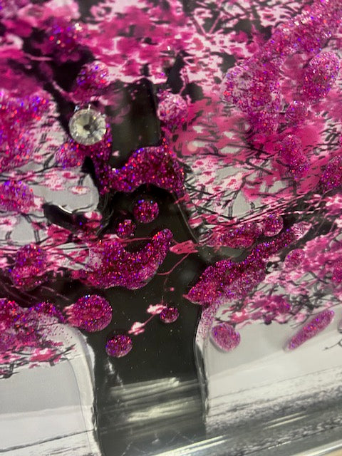 Pink blossom tree picture in Silver wood frame, 3D glitter detail