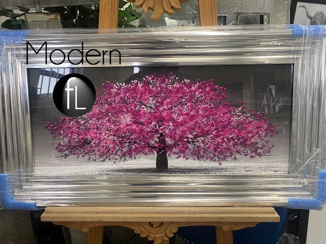 Pink blossom tree picture in Silver wood frame, 3D glitter detail