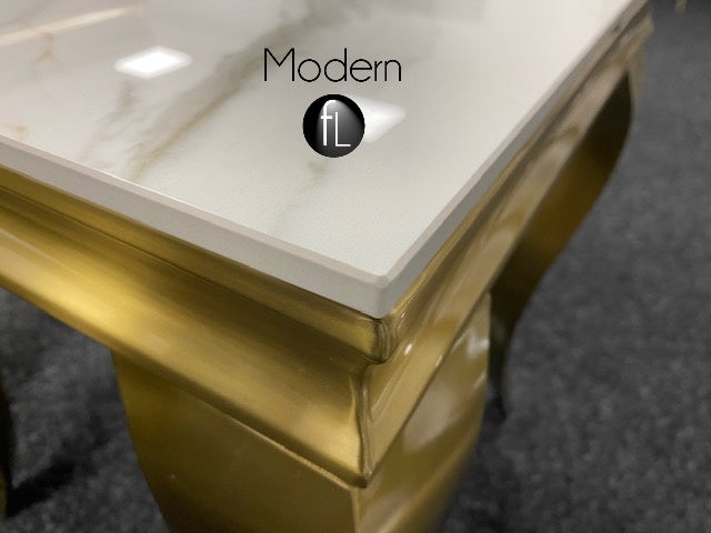 Louis Side Table with White Ceramic Top, telephone table with Gold Curved Leg