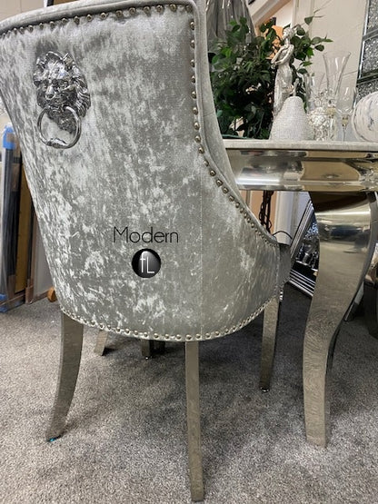 2x Silver Crushed velvet dining chair with chrome leg & lion knocker Back