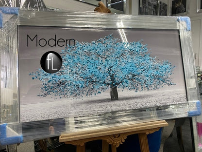 Stunning Teal blossom tree 3D glitter art picture in mirrored frame